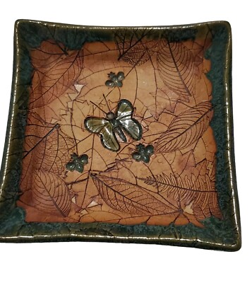 Malabar Meyer Studio Art Ceramic Pottery Leaves Imprint trinket tray/dish Signed-image