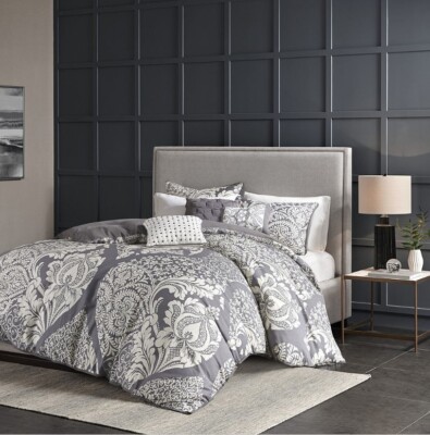 Madison Park Vienna 6 Piece Printed Duvet Set, King, Slate Pasley $310 MSRP-image