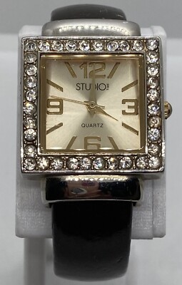 Studio Time Ladies Watch Hinged Cuff New Battery Square Iced Dial Brown Band-image