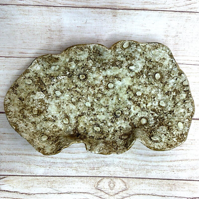 Brown White Floral Flower Stamped Studio Pottery Shaped Bowl Centerpiece Signed-image