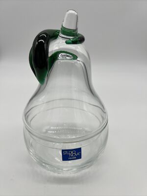 Pear Shaped Candy Bowl Clear Glass With Green Applied Glass Leaf  Studio Nova-image