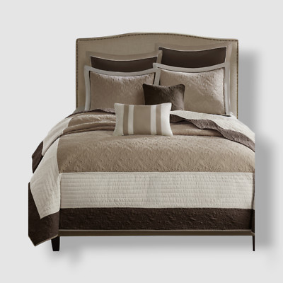 Madison Park Beige Attingham 7-Piece Reversible Quilt Coverlet Set, Full/Queen-image