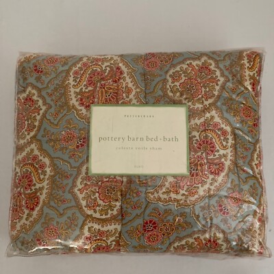 Pottery Barn Celeste Voile Euro Sham Pillow Cover New Blue Coral Paisley-image