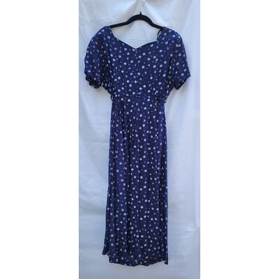 Vtg Erika Studio Womens Midi Dress Cottagecore Navy Floral Belted Button Sz PL-image