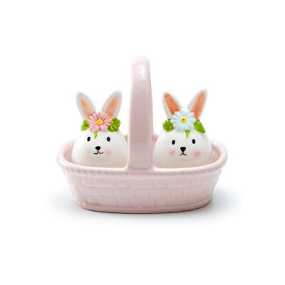 Potter's Studio White Egg Bunnies Pink Basket Ceramic Salt & Pepper Shaker Set-image