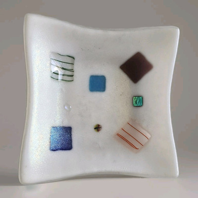 Signed Kurt McVay Studio Fused Art Glass Colorful Dish 5