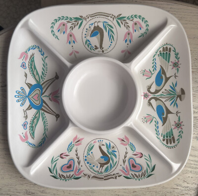 Vintage Melamine Peacock Pennsylvania Dutch Chip & Dip Tray ~  Pink, Green, Blue-image