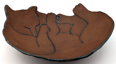 Hand Thrown Clay Pottery Sleeping Brown Cat Shaped Bowl Signed-image