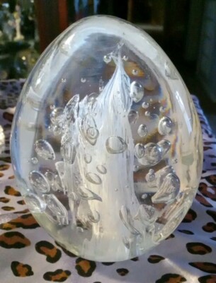 Studio Art Blown Glass PAPERWEIGHT Egg Shaped Flat Sides Bubbles Swirl Wave -image