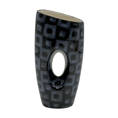 Mid Century Art Pottery Vase With Hole Blue & Black Squares 10” Ceramic Planter-image