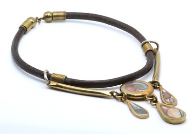 VTG Dichroic Glass Brass Studio Architectural Dangle Stone Collar Cord Necklace-image