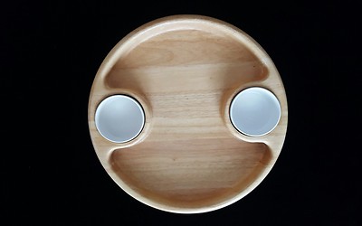 Lg Solid Wood Lg Chip & Dip Snack Dish w/2 white Porcelain Dip Bowl 16.5