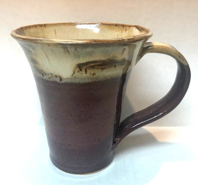 Studio pottery trumpet-shaped coffee cup brown cream signed 12 oz drip glaze-image