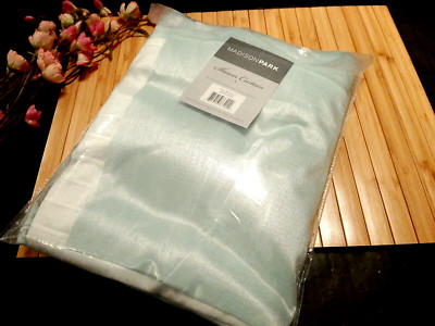 Madison Park Amherst Bathroom Shower Curtain Faux Silk Pieced Stripe Aqua, Gray-image