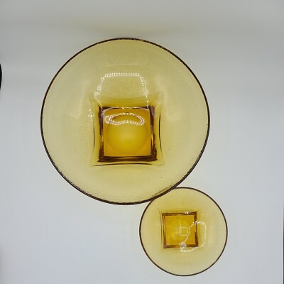 Vtg Hazel Atlas Colony Amber Large Salad Bowl & Small Serving Bowl or Chip & Dip-image