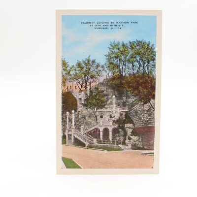 Dubuque Iowa IA Madison Park Stairway Linen Postcard Unposted-image