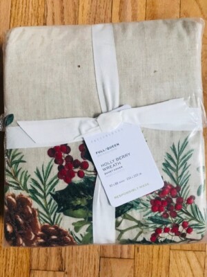Pottery Barn Holly Berry Wreath Duvet Cover Set Neutral Queen 2 Standard Shams-image
