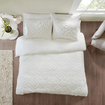 Amber Full/Queen 3pc Tufted Cotton Chenille Duvet Cover Set White-image