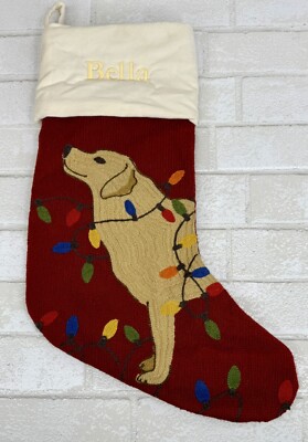 Pottery Barn Crewel Embroidered Tangled Lights Lab Dog Stocking Monogram BELLA-image