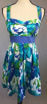 NWT City Studio Size 7 Sun Dress Blue/Green Floral Pleated High Waist Zip & Sash-image