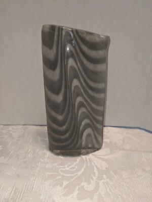 Hand Blown Studio Art Glass  Vase Cased White and Gray Swirl 8.5