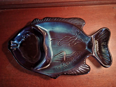 Large Ceramic Fish Shaped Divided Chip and Dip Bowl ~ 3 Compartments ~ 16
