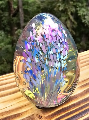 Vintage Iridescent Egg Shaped Paperweight Signed -image