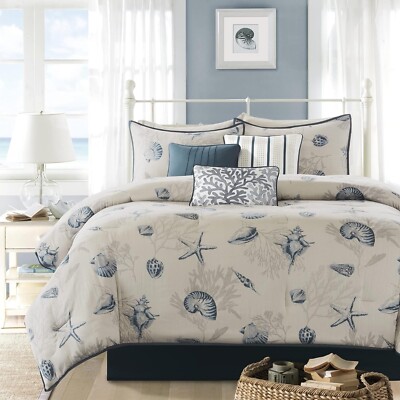 Madison Park 7 Piece Queen Size Coastal Coral 100% Cotton Comforter Set-image