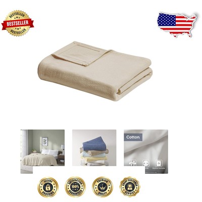 Premium Soft Cotton Blanket in Natural with Striped Basketweave - 108x90