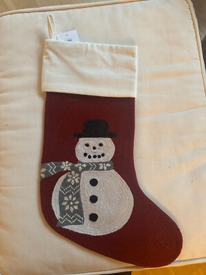 Pottery Barn Beautiful Crewel Stitched Christmas Stocking Snowman New with tags-image