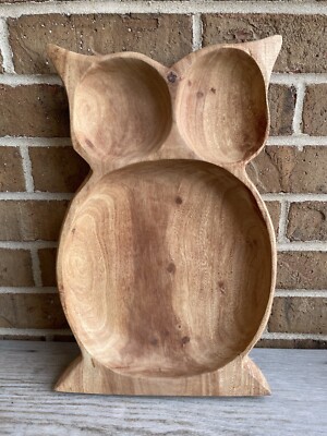 Large Wooden OWL BOWL Chip Dip Fruit Vegies Bread Server Tray Natural Monkey Pod-image