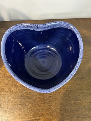 Cobalt Blue White & Blue Drip Top, Heart Shaped Studio Pottery Bowl, Signed NICE-image