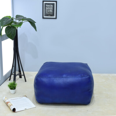 BBH HOMES HANDMADE ECO-FRIENDLY SQUARE SHAPED STUFFED BUFFALO LEATHER BLUE POUF-image