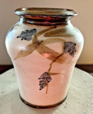 Studio Pottery Urn Shaped Stoneware Vase w/ Abstract Blue Flower Design 5.5