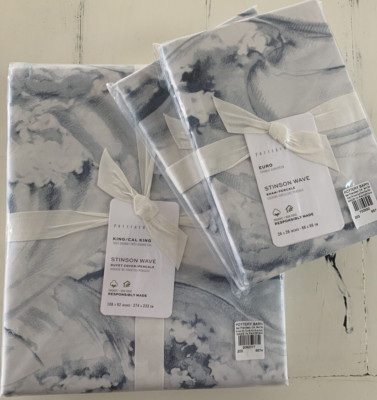 *Pottery Barn Stinson Wave Duvet Cover & 2 Euro Shams CAL KING  Coastal Beach-image