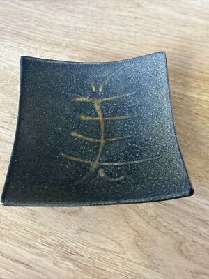 Joyce Furney Raku pottery Footed dish fish Bones design iridescent USA 2004-image