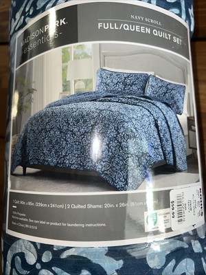 Madison Park Quilt Set 3PC Full/Queen Navy Blue & White Scroll Design NIP-image