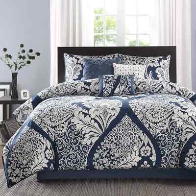 Madison Park Vienna Sateen Cotton Comforter Set-Queen-Vienna Indigo-7Piece-image