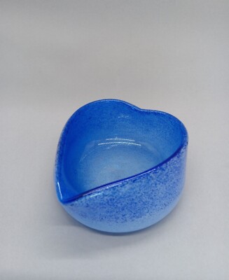 Hand Blown Studio Art Glass Small Heart Shaped Blue Bowl With Bubbles -image