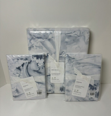 Pottery Barn Stinson Wave King Duvet Cover + 2 Standard Shams Set Blue White-image