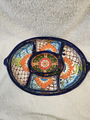 Talavera NWOT Handmade Appetizer Hors D'ouers Chips & Dip 6 Pc Tray-image