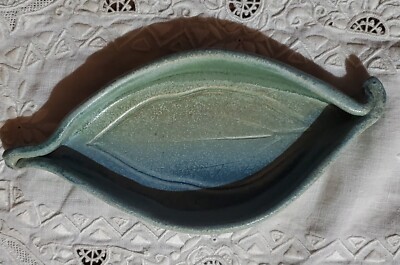 Artist Signed Pottery Trinket Dish Blue Green Beige-image