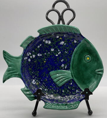 Fish Shaped Platter Plate Studio Art Pottery 12” Blue Green Aquarium Sea-image