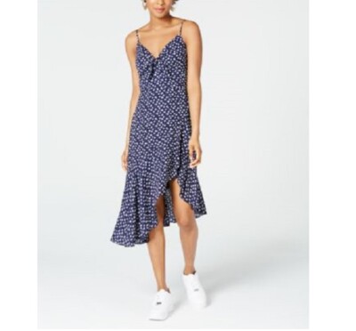 City Studio Junior Womens 5 Navy Ivory Floral Tie Front High Low Midi Dress NWT-image