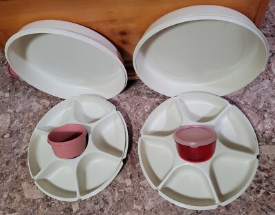 Set 2 Vtg Tupperware Divided Veggie Tray W/ Lid Almond, Red Dip Bowl with Lids-image