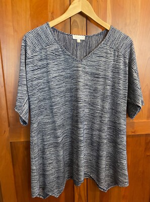 Jillian N Navy & White V-Neck Dolman Half Sleeve Dip Hem Tunic Tee Women's L-image