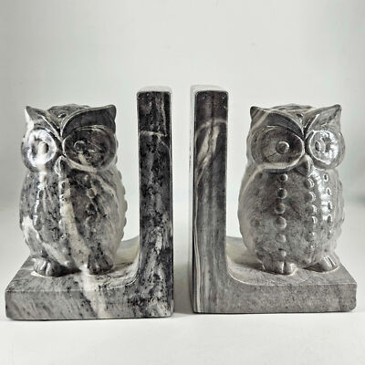Pair of dip dyed marbled ceramic large owl bookends gray-image