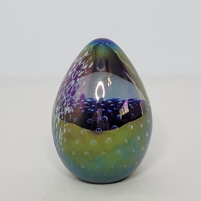 Glass Eye Studio 1993 Signed Iridescent Bubbles Egg Shaped Glass Paperweight-image