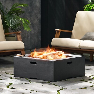 Outdoor Lightweight Concrete Square Wood Burning Fire Pit, Dark Gray-image