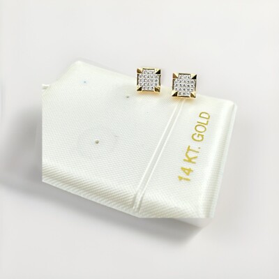 14K Yellow Gold Iced Micro Pave CZ Square Butterfly Screw Back Earrings 9.3mm 1G-image